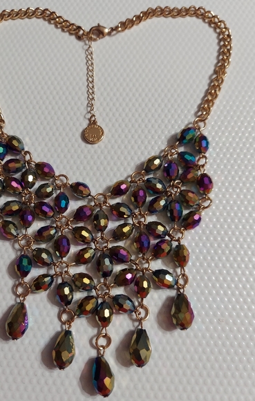 Liz Claiborne Vintage Gold/Faceted Iridescent Bead Statement Necklace - Picture 2 of 8